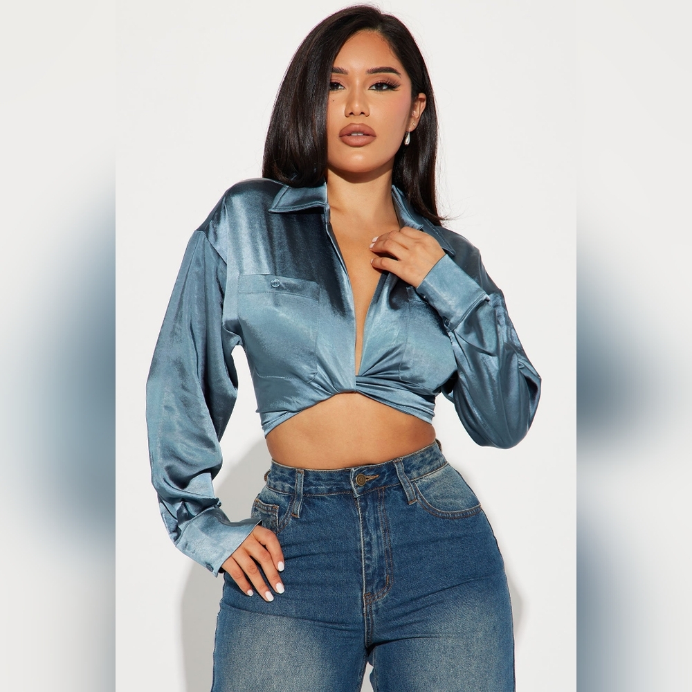 She Means Business Satin Shirt - Blue